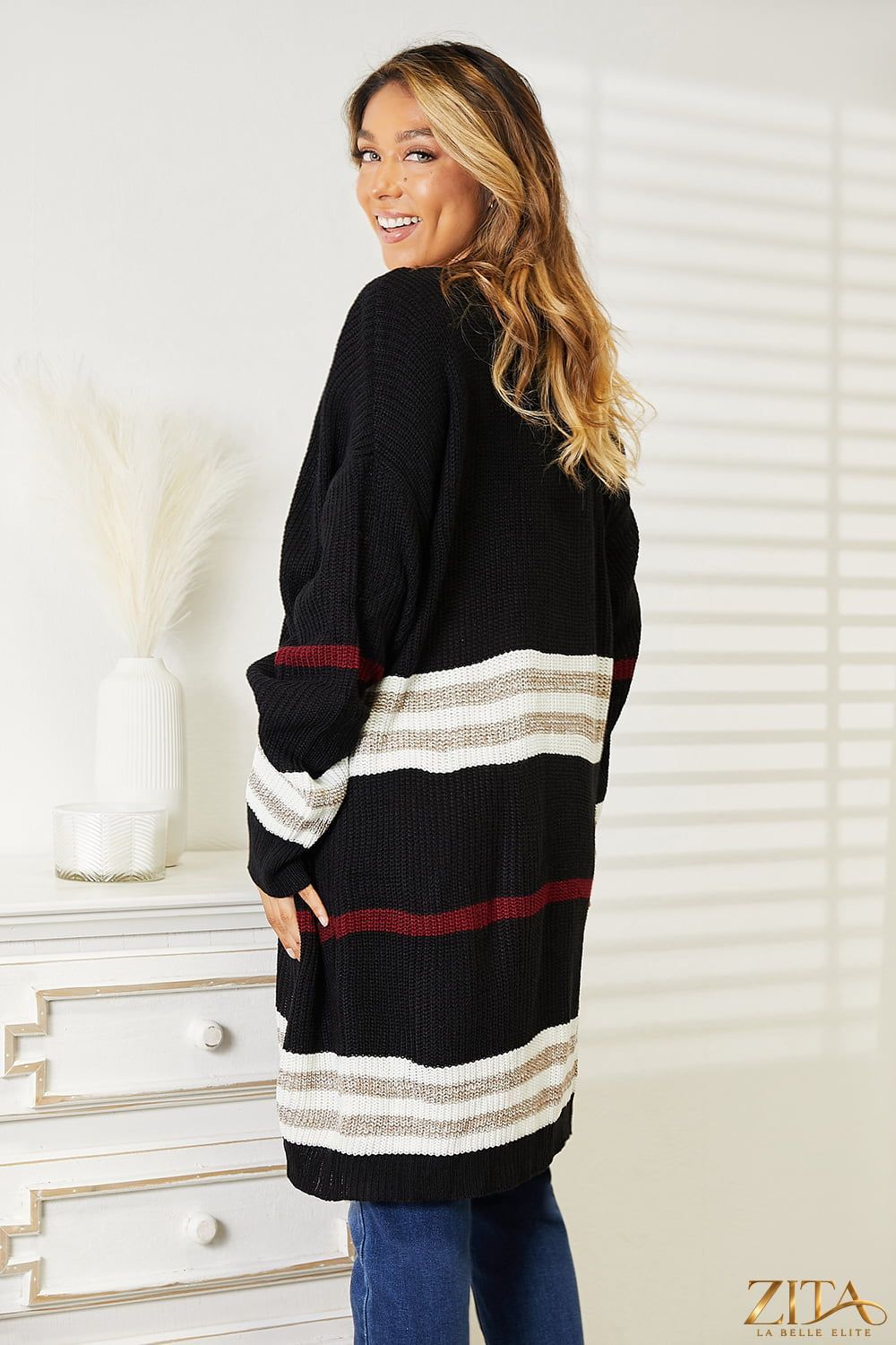Zita La Belle Elite Perfee striped rib-knit drop shoulder open front cardigan displayed on a model, showcasing its relaxed fit and open front design.