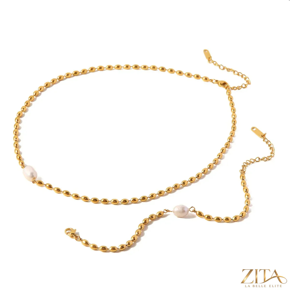 Pearl and gold chain jewelry set with matching necklace and bracelet, elegant accessories by Trendsi.