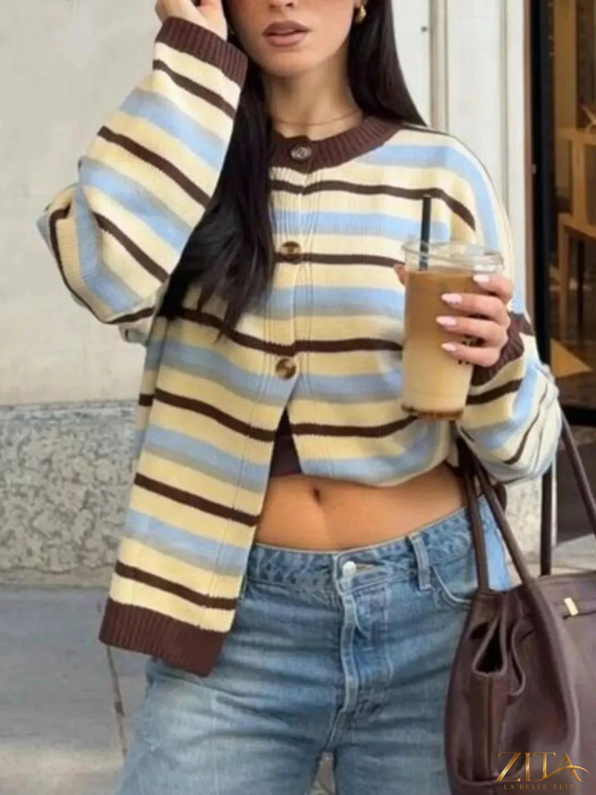 Zita La Belle Elite striped crew neck button-down cardigan with multicolor horizontal stripes and long sleeves.