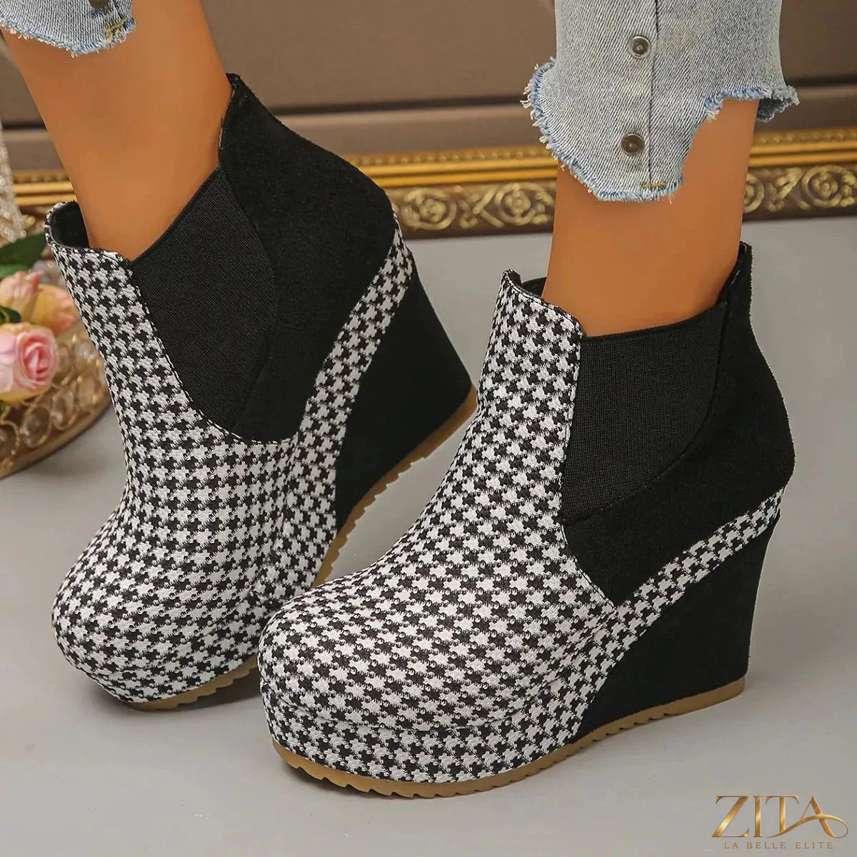 Zita La Belle Elite houndstooth pattern wedge ankle boots with stylish design and sturdy heel, perfect for casual or dressy outfits.