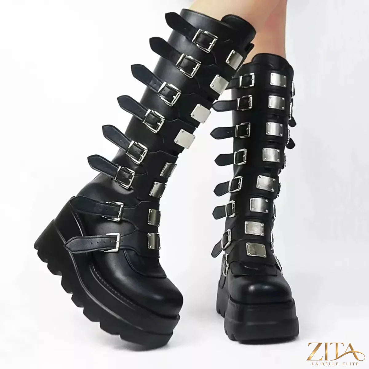 Zita La Belle Elite multi-buckle platform knee-high boots with chunky heels and sleek black leather finish.
