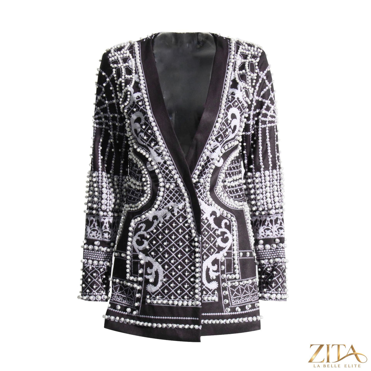 Pearl-bead printed petite blazer for women by Zita La Belle Elite, featuring a tailored fit and elegant design with pearl accents.
