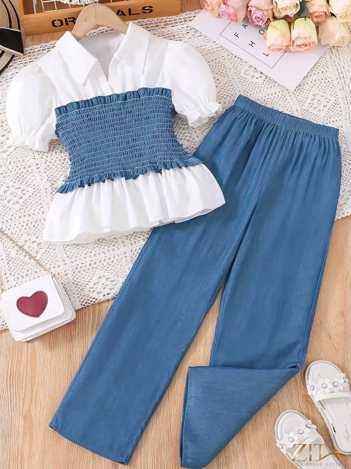 Children's smocked blouse and wide-leg pants set by Zita La Belle Elite, featuring a cute, stylish outfit for kids.
