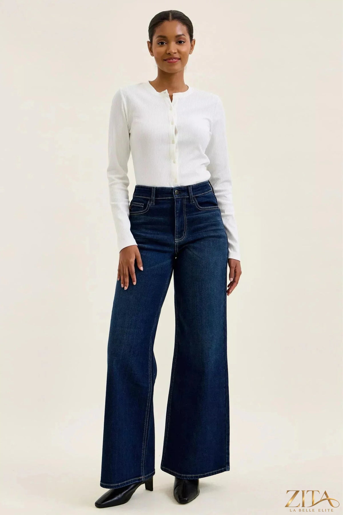 Zita La Belle Elite Judy Blue high-waisted wide-leg dark wash jeans displayed on a model, showcasing the relaxed fit and stylish silhouette.