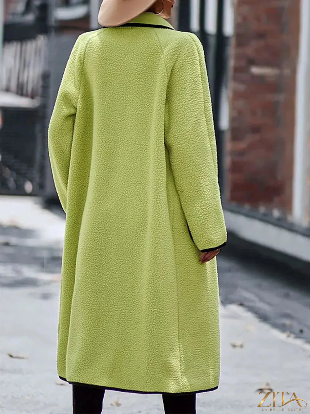 Zita La Belle Elite full size long sleeve coat with contrast trim and pockets, stylish and warm outerwear for cold weather.