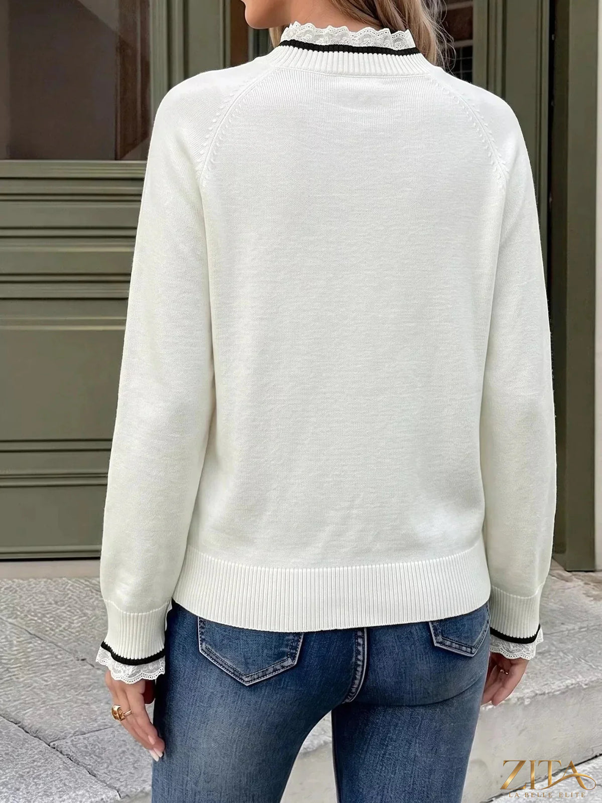 Zita La Belle Elite lace trim sweater with bow embellishments, featuring intricate lace details and a cozy, stylish fit.