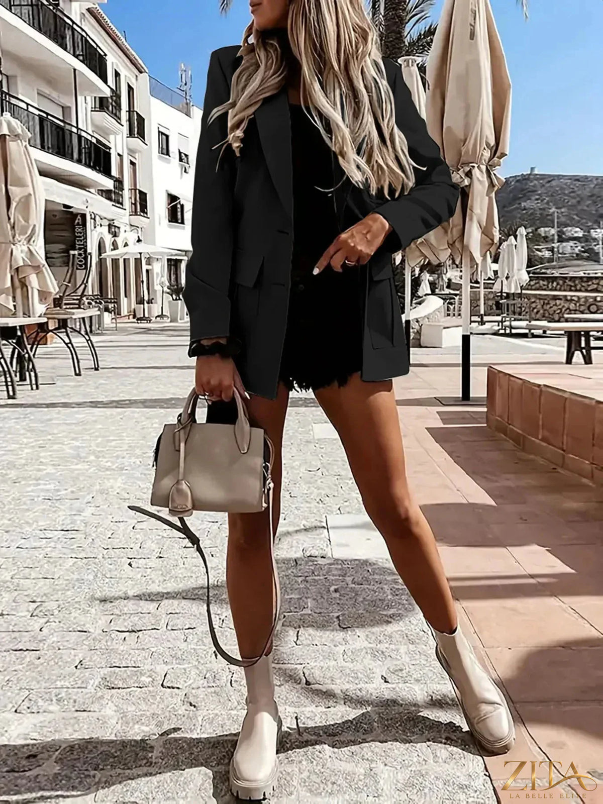 Zita La Belle Elite lapel collar long sleeve blazer in classic black, tailored fit with sleek lapel collar and button closure.
