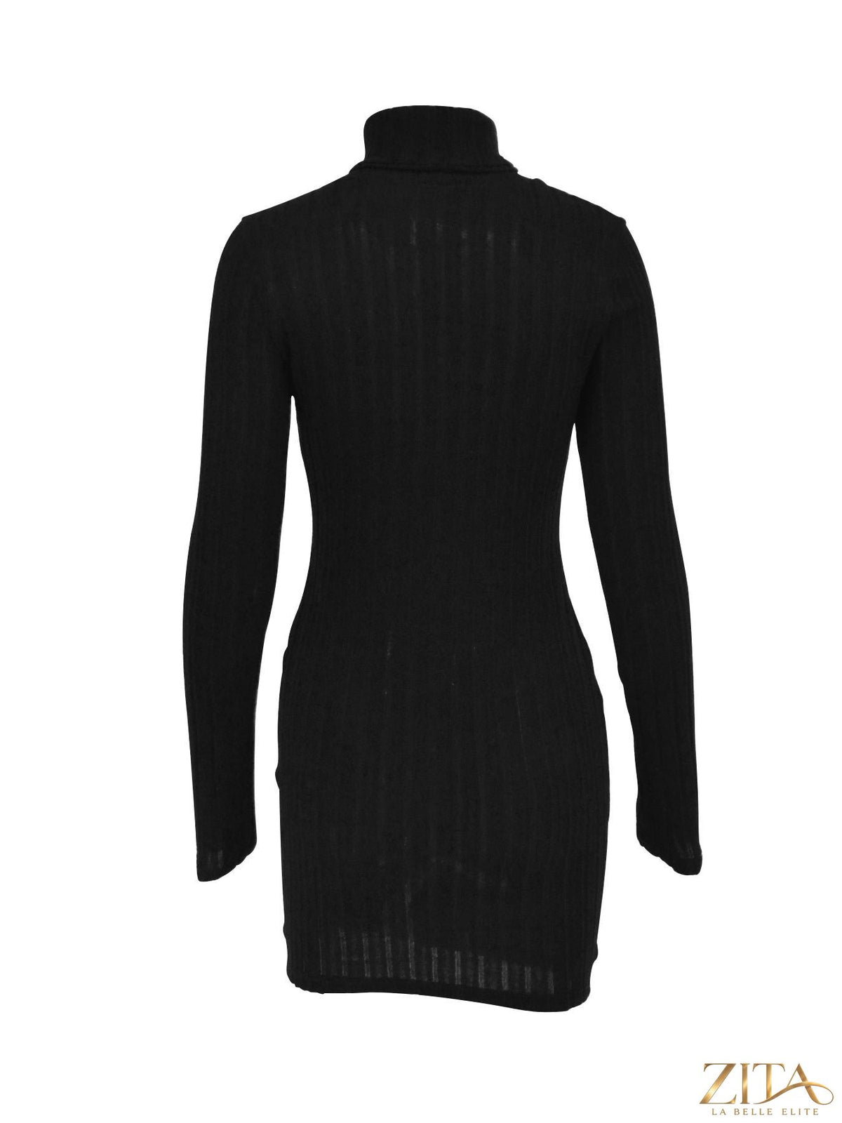 Ribbed black turtleneck bodycon mini dress by Trendsi, close-up of fitted neckline and textured fabric on mannequin.