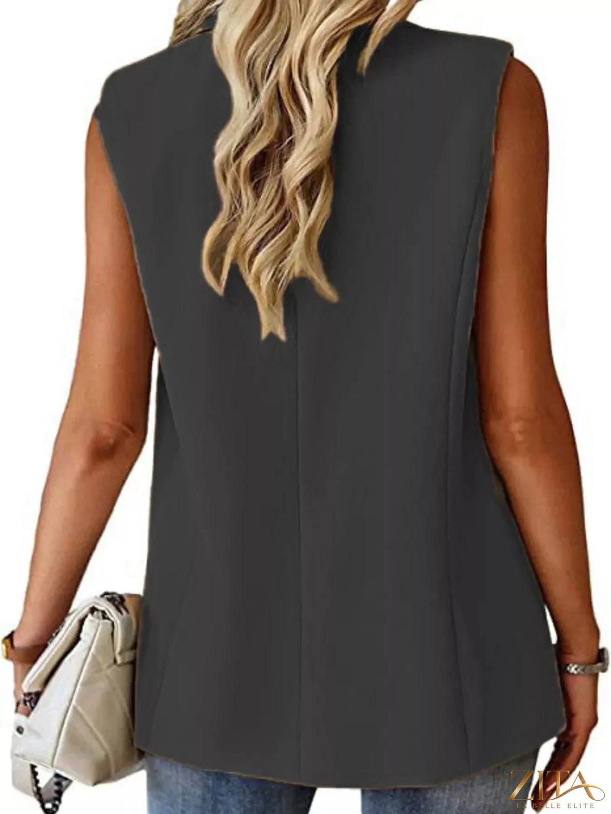 Plus size Zita La Belle Elite vest coat with a full size, one-button lapel collar, displayed on a hanger.