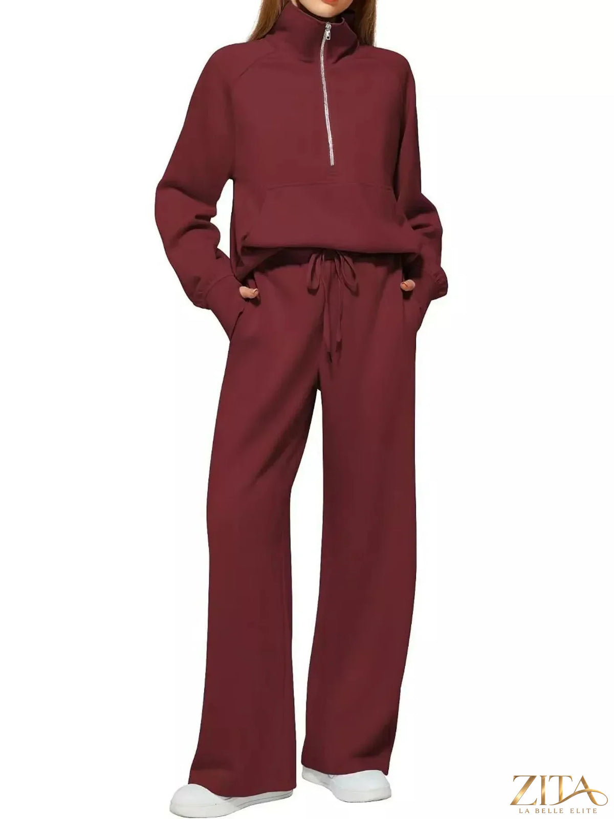 Zita La Belle Elite half-zip sweatshirt and wide-leg pants set, shown in a casual, stylish outfit with soft fabric and modern fit.