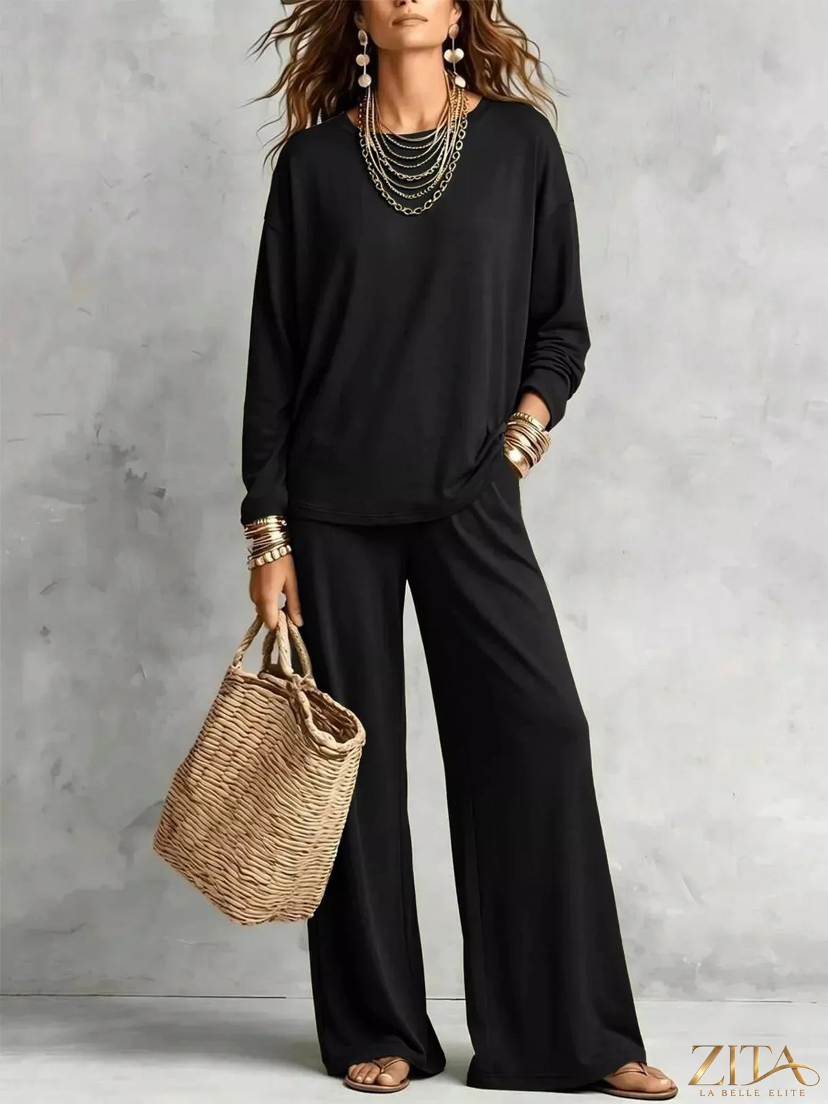 Zita La Belle Elite round neck T-shirt and wide-leg pants set, casual style in soft fabric, displayed on a mannequin.