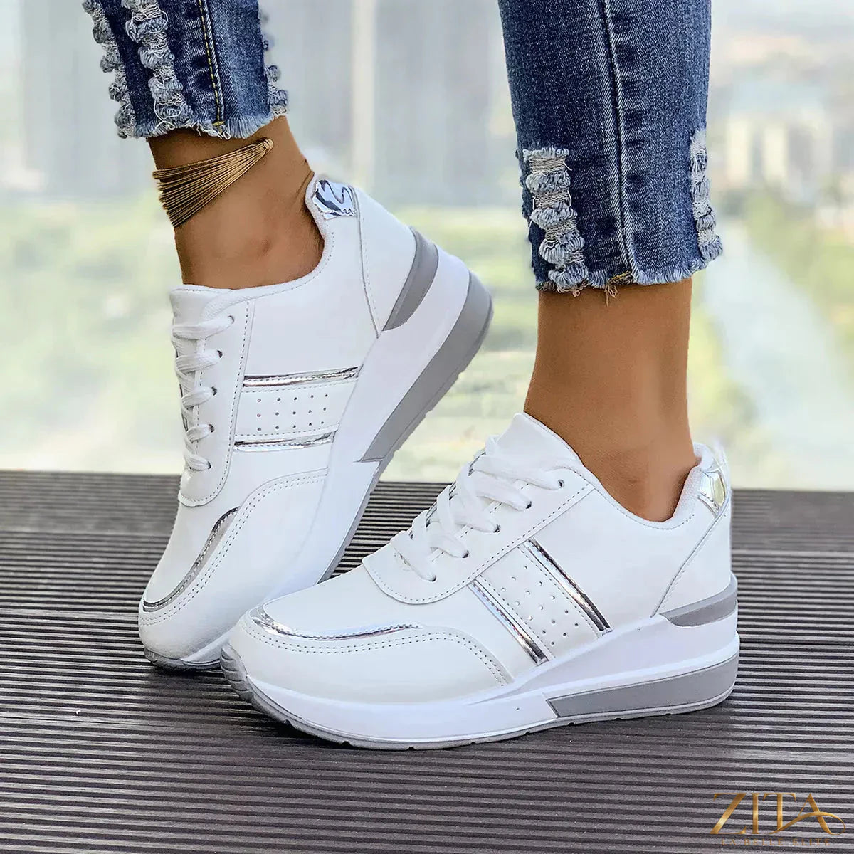 Zita La Belle Elite round toe lace-up sneakers in white with white rubber soles, stylish athletic footwear for casual wear