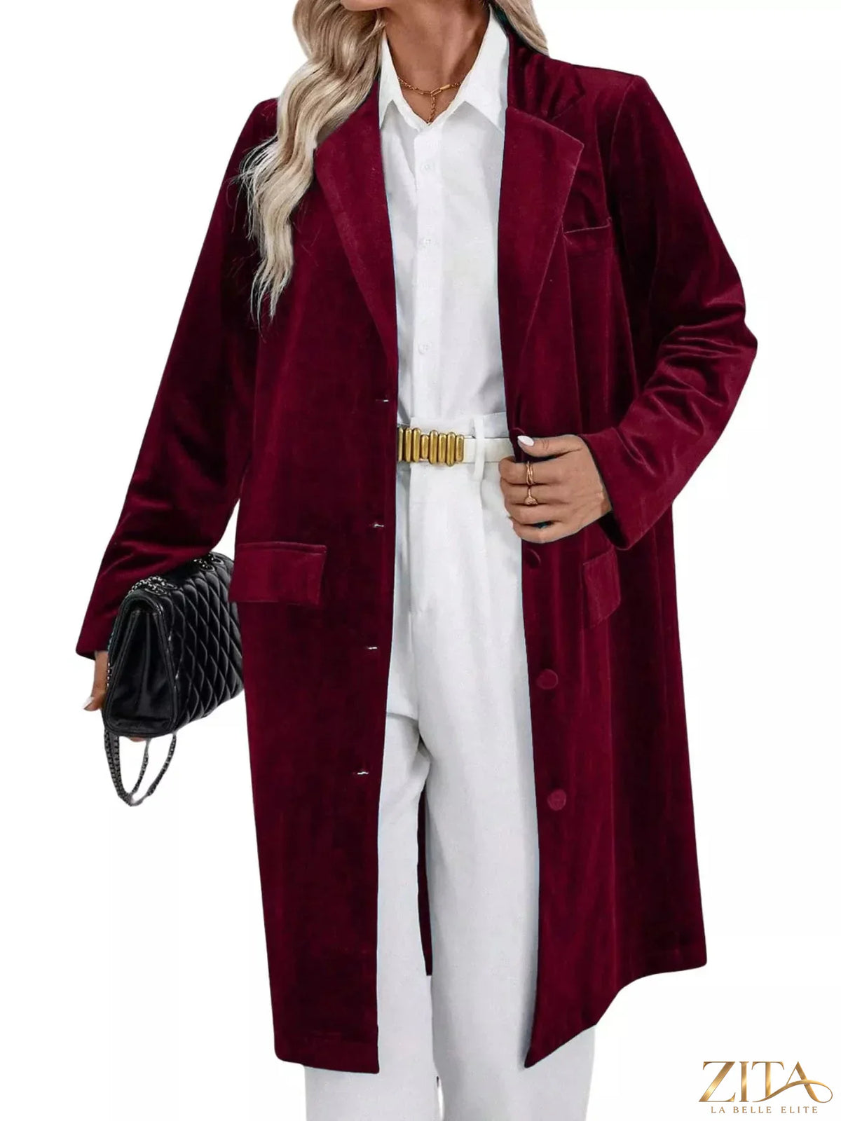 Zita La Belle Elite longline coat with lapel collar, long sleeves, and tailored fit, shown on a neutral background.