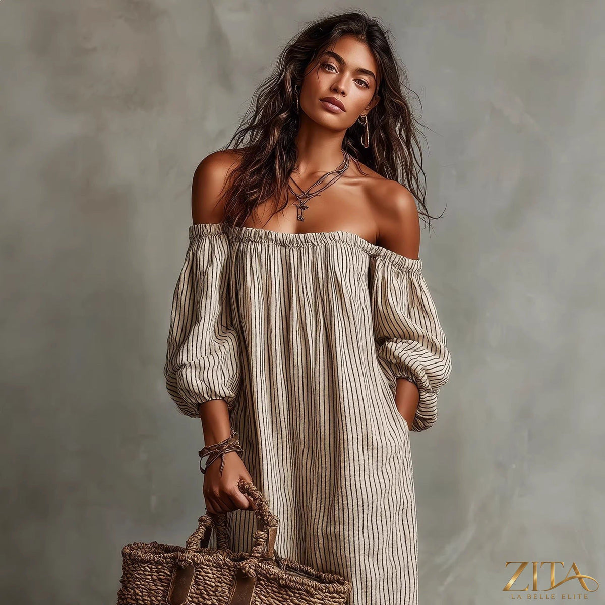 Women's off-shoulder long-sleeve maxi dress by Zita La Belle Elite, flowing casualwear with a relaxed fit and elegant neckline.