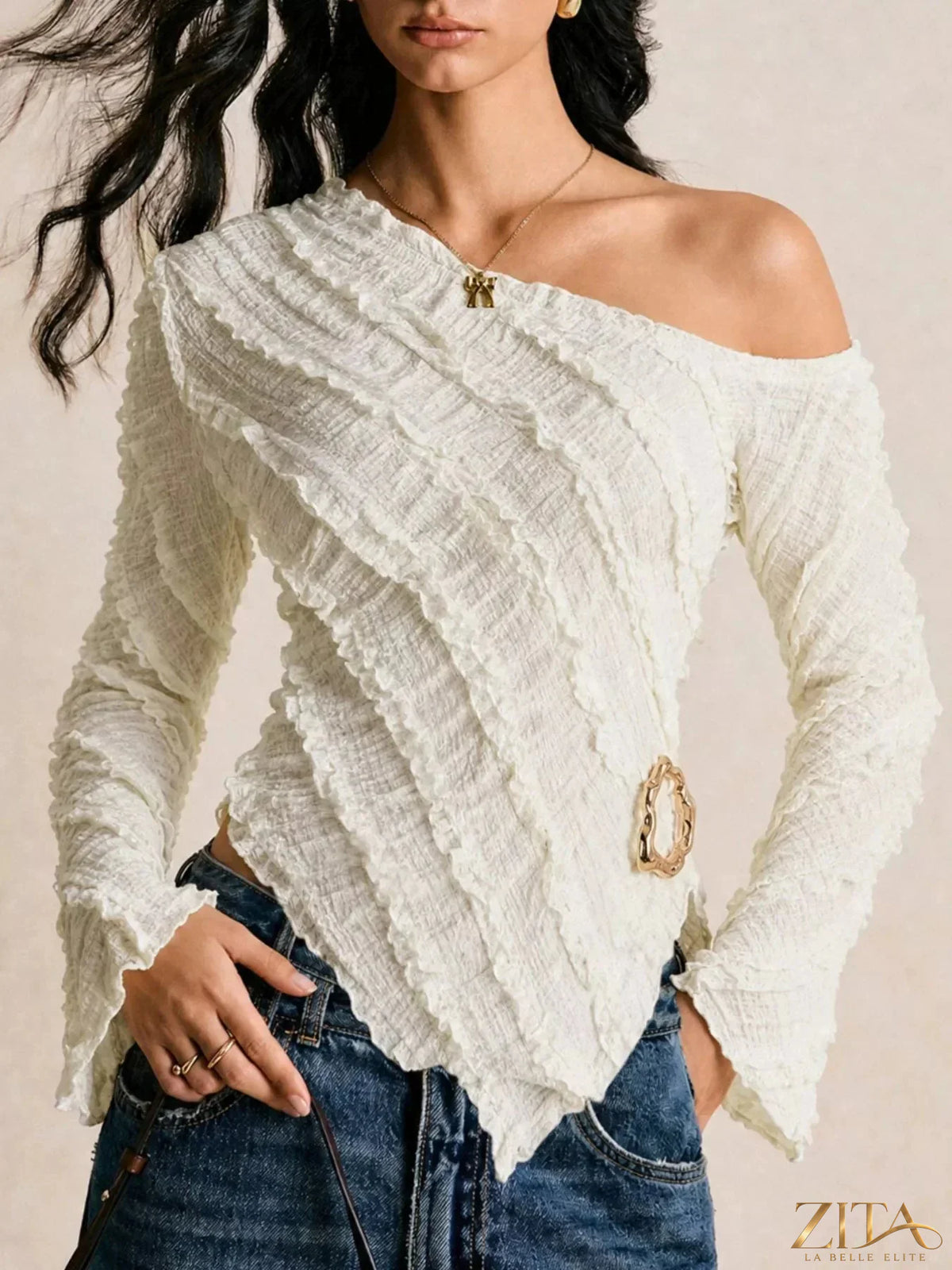 Zita La Belle Elite textured asymmetrical hem one-shoulder blouse in soft fabric, showcasing stylish design and unique silhouette.