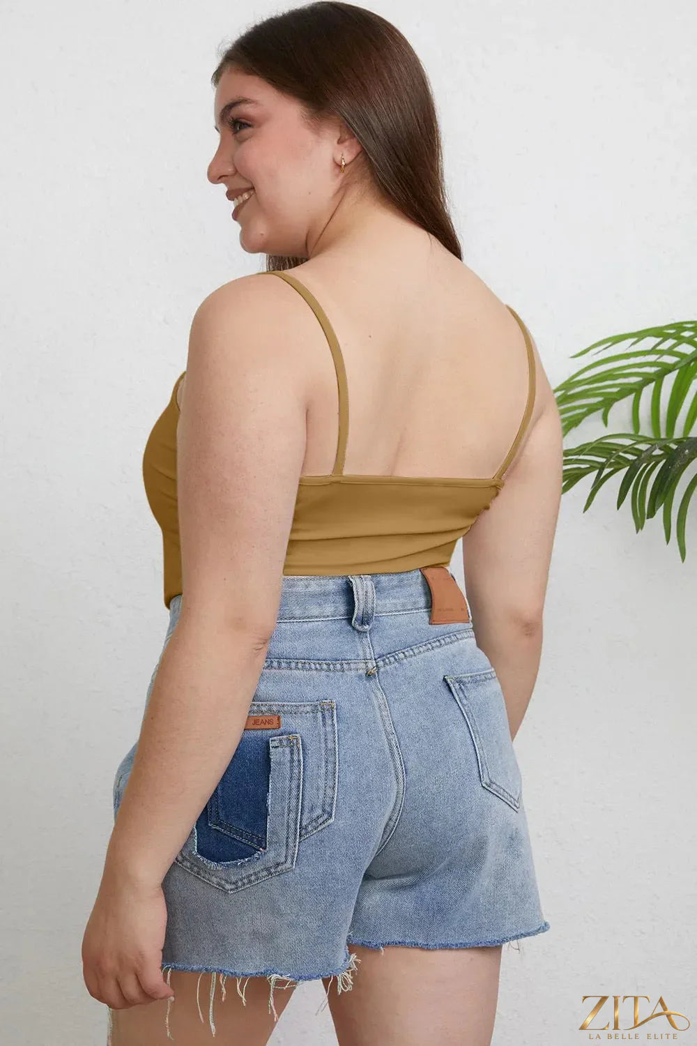 Zita La Belle Elite Basic Bae full size round neck slim camisole in plus size, white, close-up of fabric and neckline detail