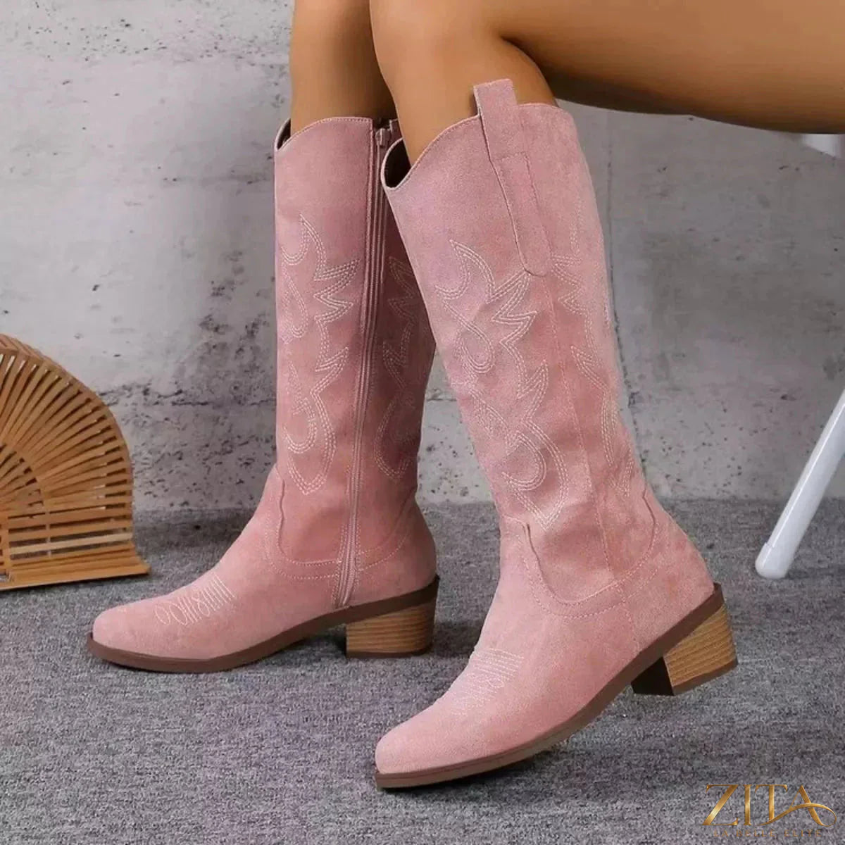 Zita La Belle Elite point toe block heel boots in sleek black, showcasing their stylish design and sturdy chunky heels.