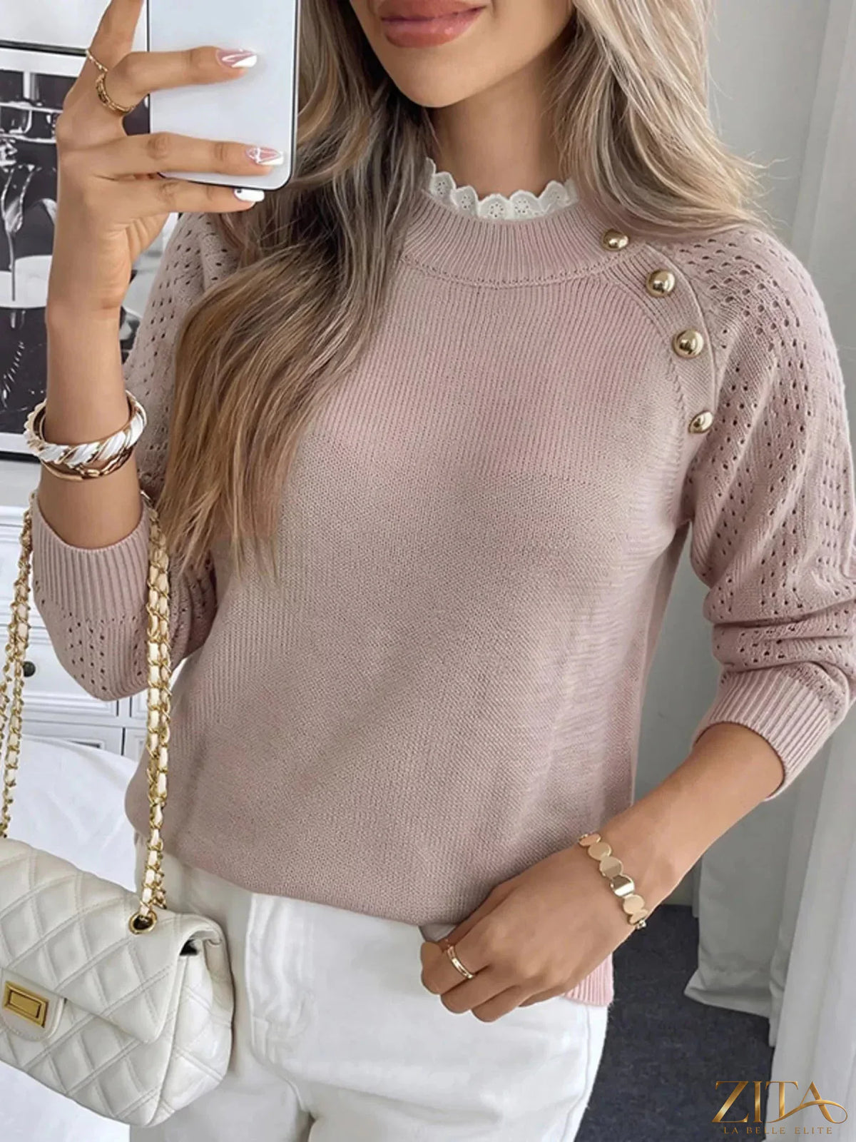 Zita La Belle Elite openwork mock neck sweater featuring a stylish knitted pattern and a fitted silhouette.