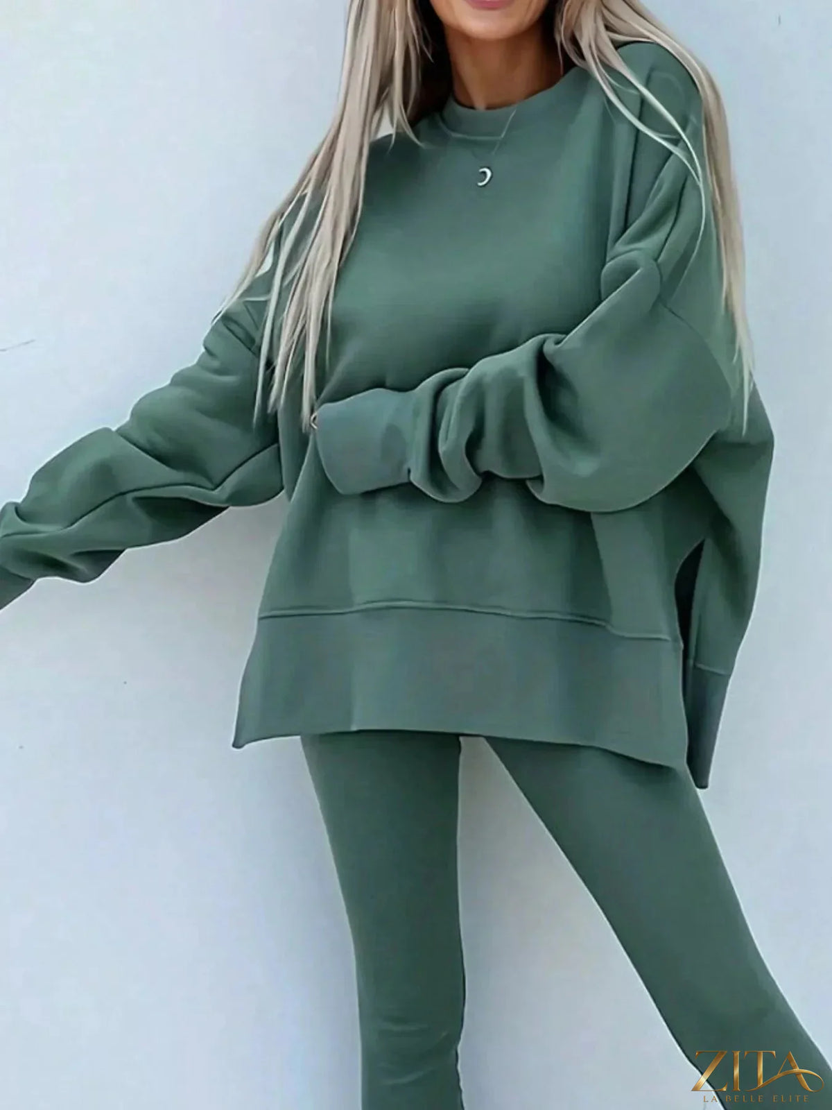 Zita La Belle Elite solid color oversize slit sweatshirt and ribbed leggings 2-piece set, shown in a neutral tone, casual style.