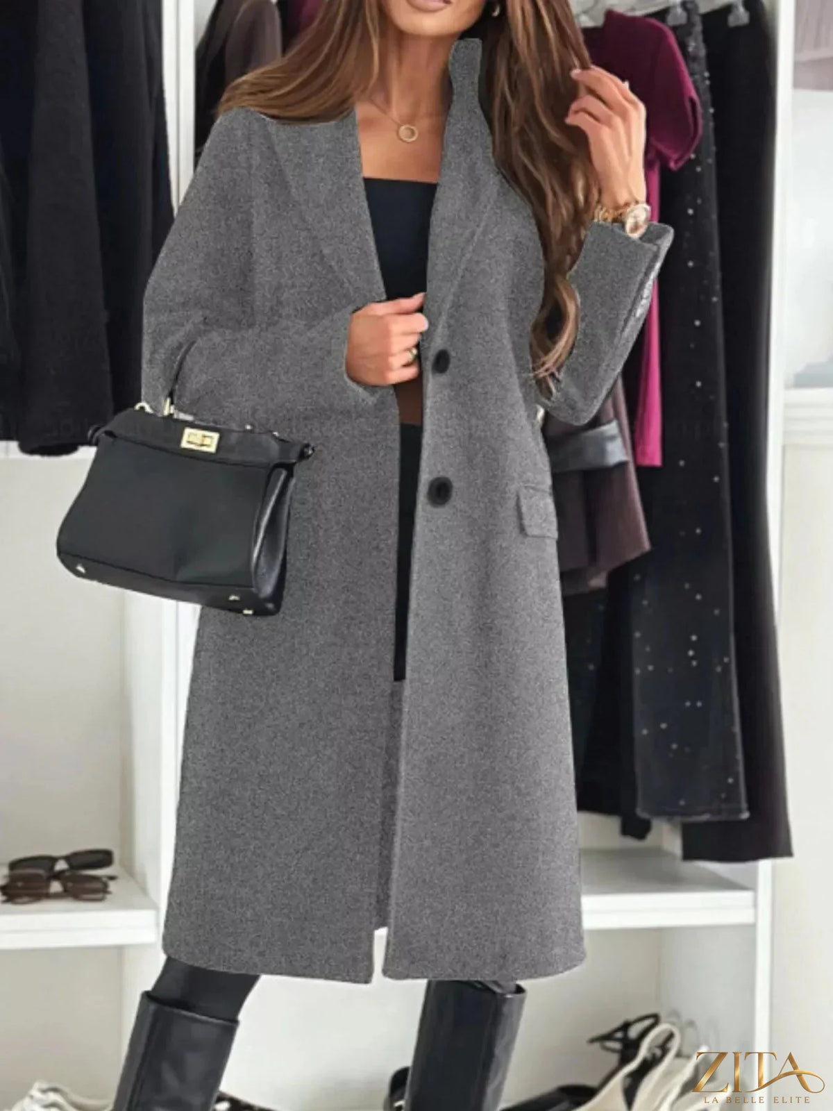 Zita La Belle Elite lapel collar long sleeve coat displayed on a hanger, stylish outerwear with a classic design and neutral color