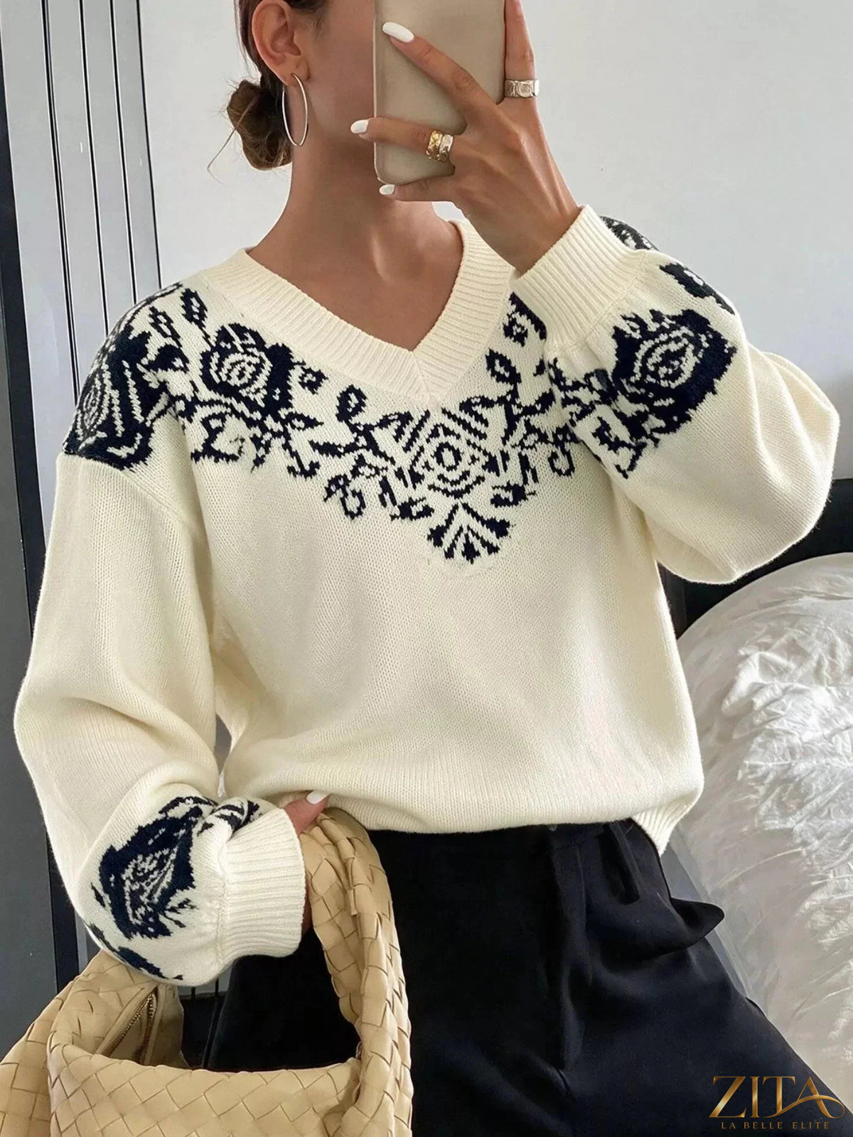 Zita La Belle Elite floral dropped shoulder sweater in soft knit, featuring a colorful floral pattern and relaxed fit.