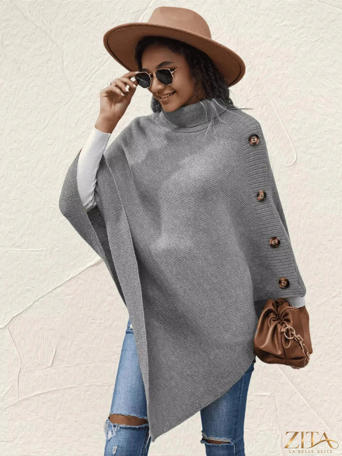 Zita La Belle Elite button-decor turtleneck poncho pullover in cozy knit fabric, featuring a stylish button detail and relaxed fit.