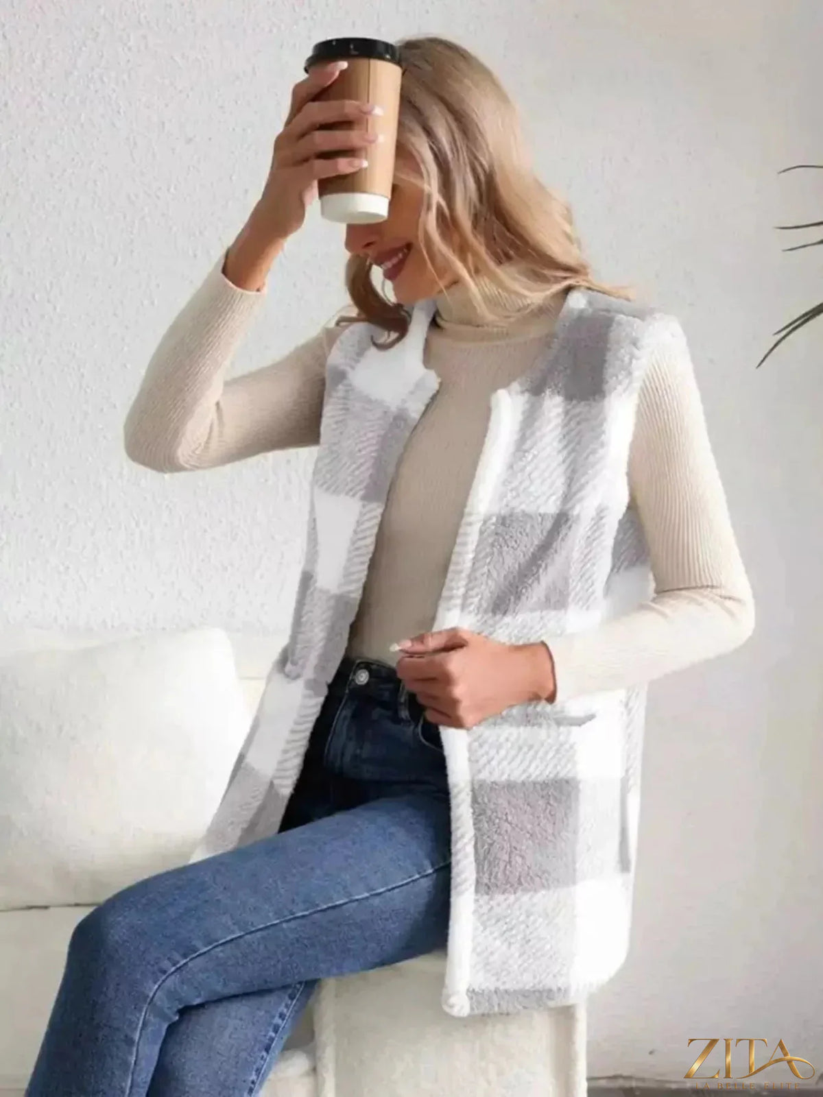 Zita La Belle Elite cozy plaid sherpa vest coat with soft lining and button closure, perfect for chilly weather.