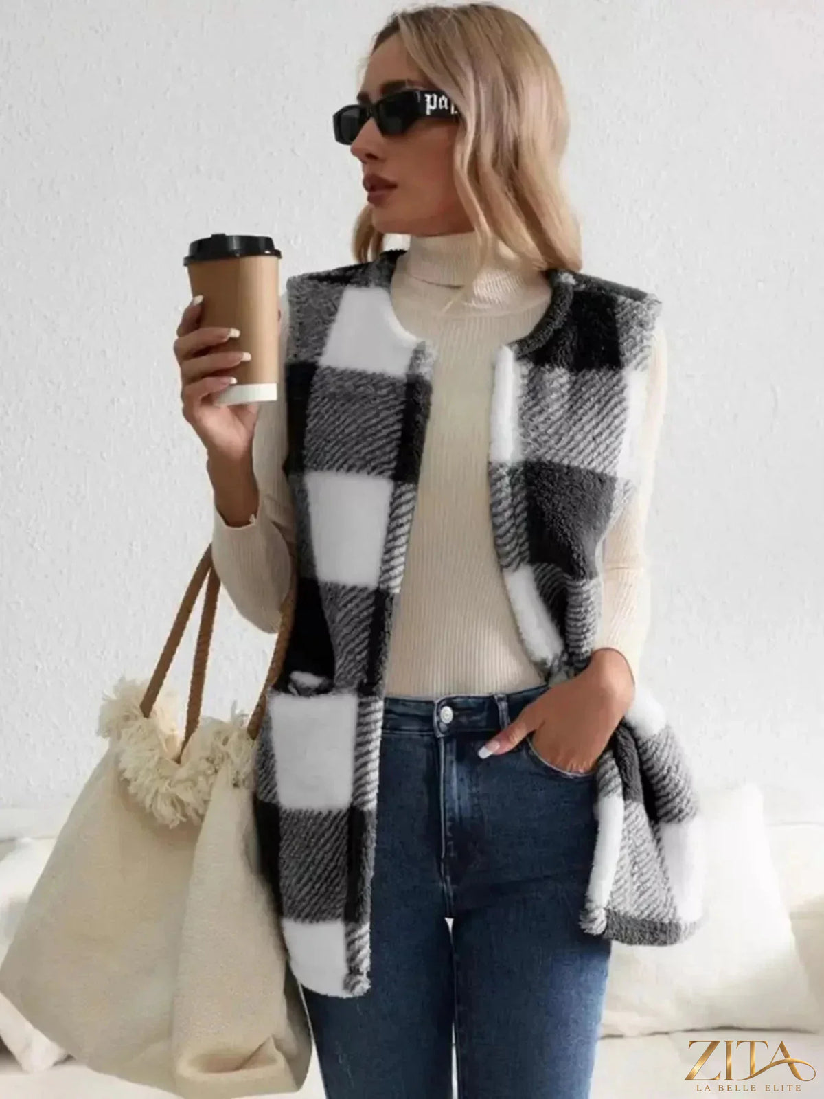 Zita La Belle Elite cozy plaid sherpa vest coat with soft lining and button closure, perfect for cold weather layering.