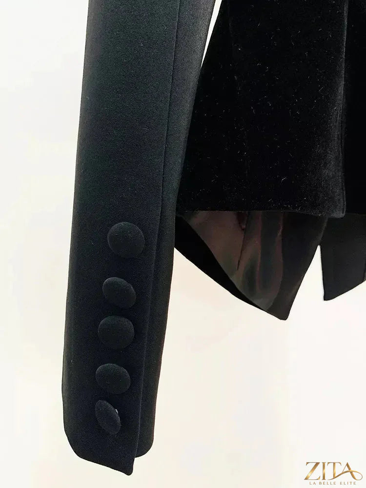 Zita La Belle Elite velvet-paneled blazer with stand-up collar, featuring a tailored fit and stylish design.