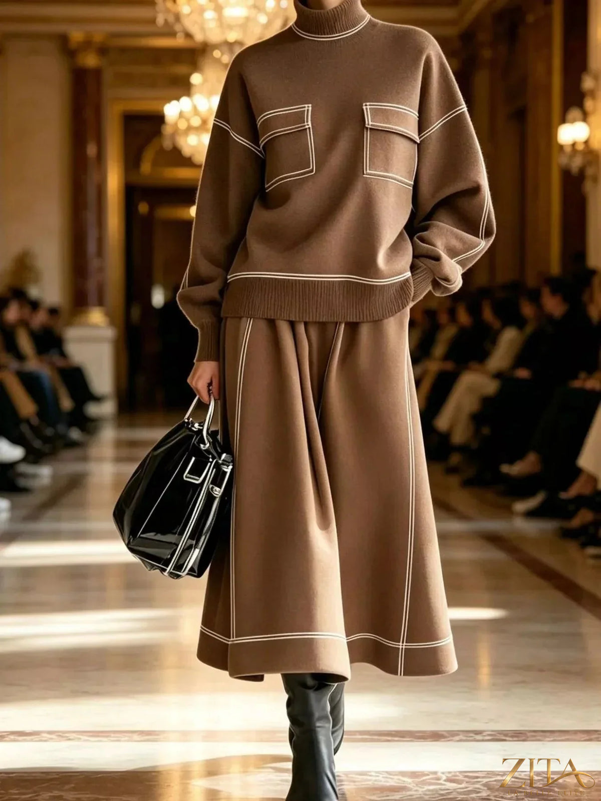 Zita La Belle Elite turtleneck knit top and midi skirt set in soft, cozy fabric, shown on a model.