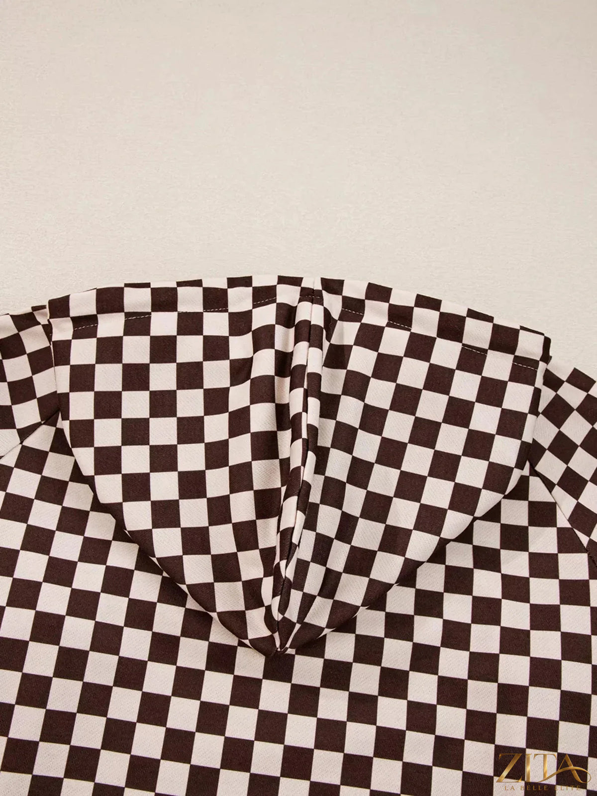 Checkered Zita La Belle Elite hoodie and pants set with drawstring details, featuring a stylish casual look.