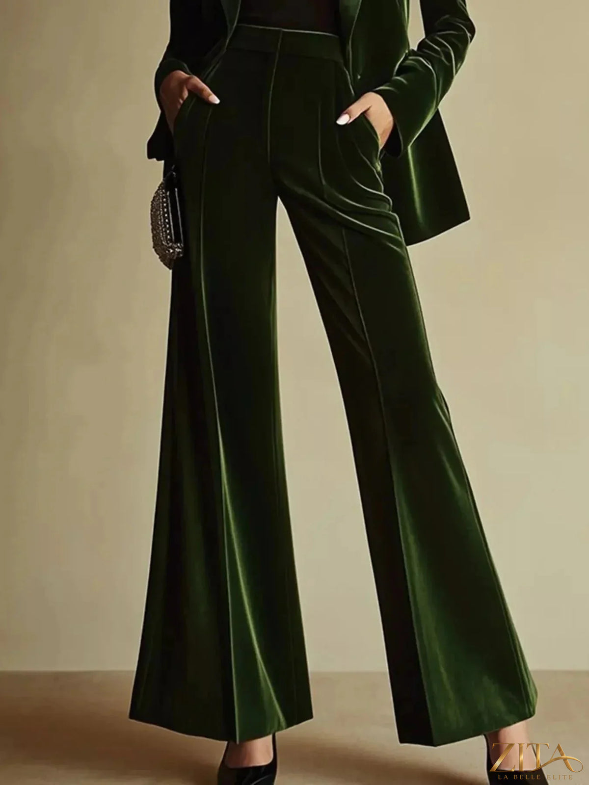 Velvet blazer and wide-leg pants set by Zita La Belle Elite, shown in a sophisticated, tailored fit in rich velvet fabric.