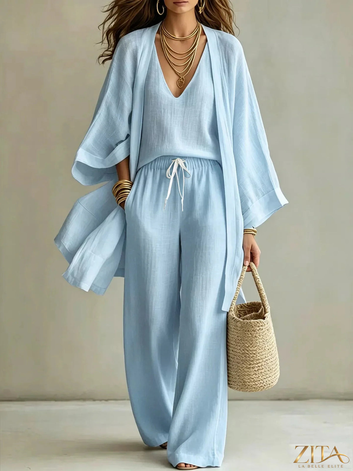 Zita La Belle Elite three-piece V-neck top, cardigan, and pants set featuring a coordinated, stylish casual outfit.