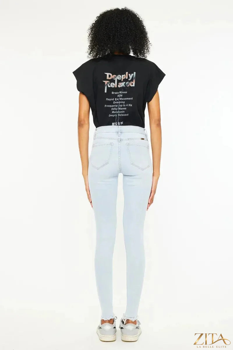 Zita La Belle Elite Kancan high-rise super skinny jeans in dark wash, close-up of fitted denim with front pockets.