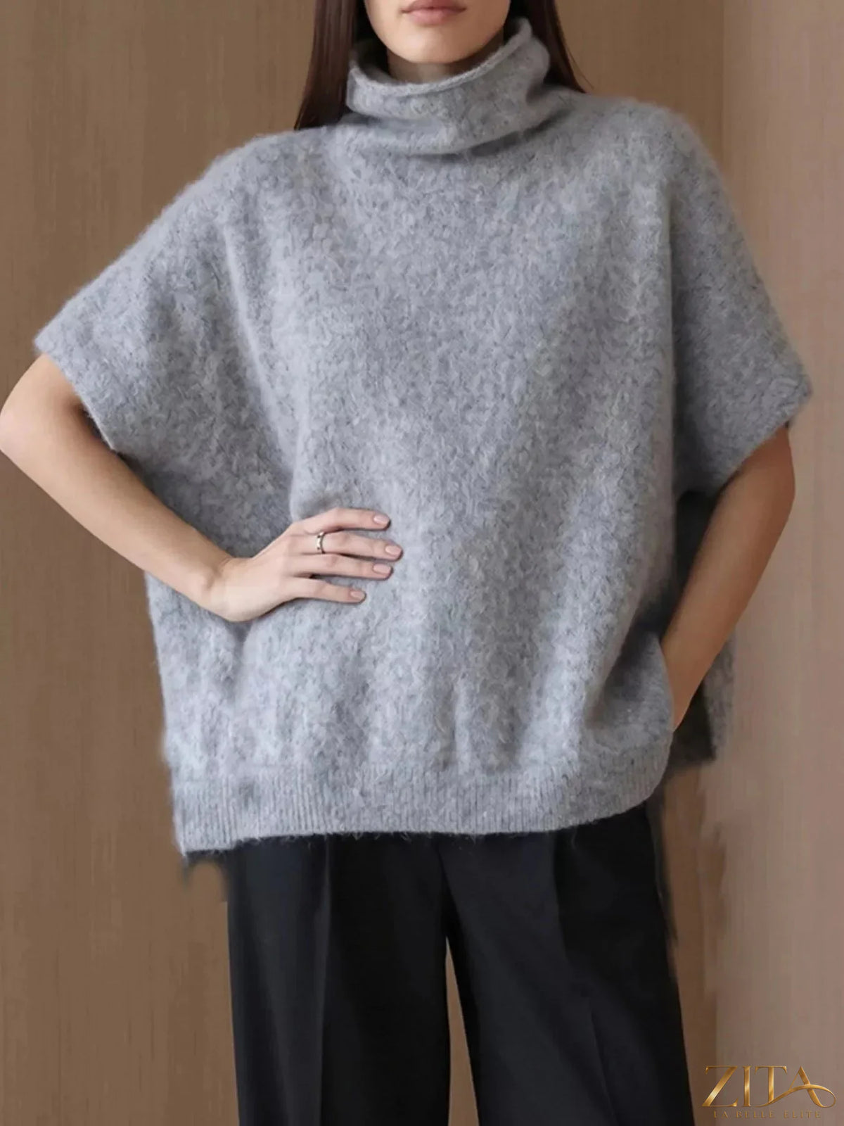 Zita La Belle Elite fuzzy short sleeve turtleneck sweater in cozy, soft fabric with a fitted silhouette and ribbed collar.