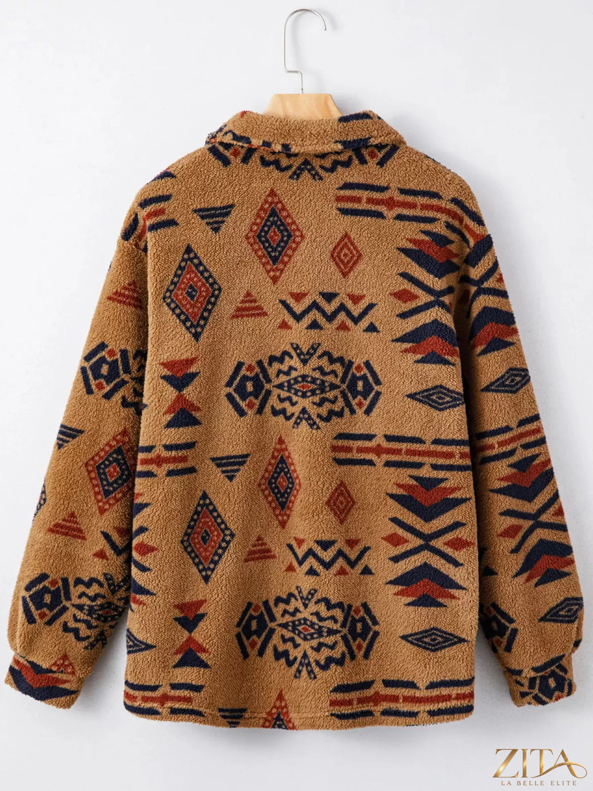 Western Aztec pattern fleece button-up shacket by Zita La Belle Elite, showing the stylish fleece with button closure and Aztec design.