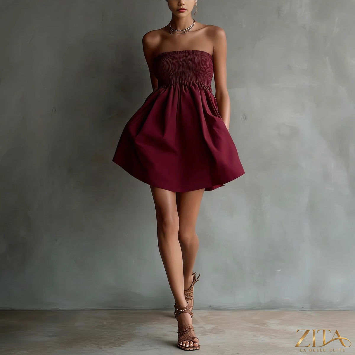 Women's strapless tube mini dress by Zita La Belle Elite in solid color with elastic waist, casualwear style.