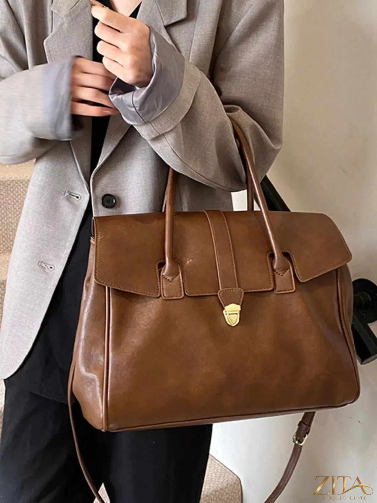 Buckle PU leather handbag with top handle and adjustable strap, Trendsi fashion accessory in beige with gold accents