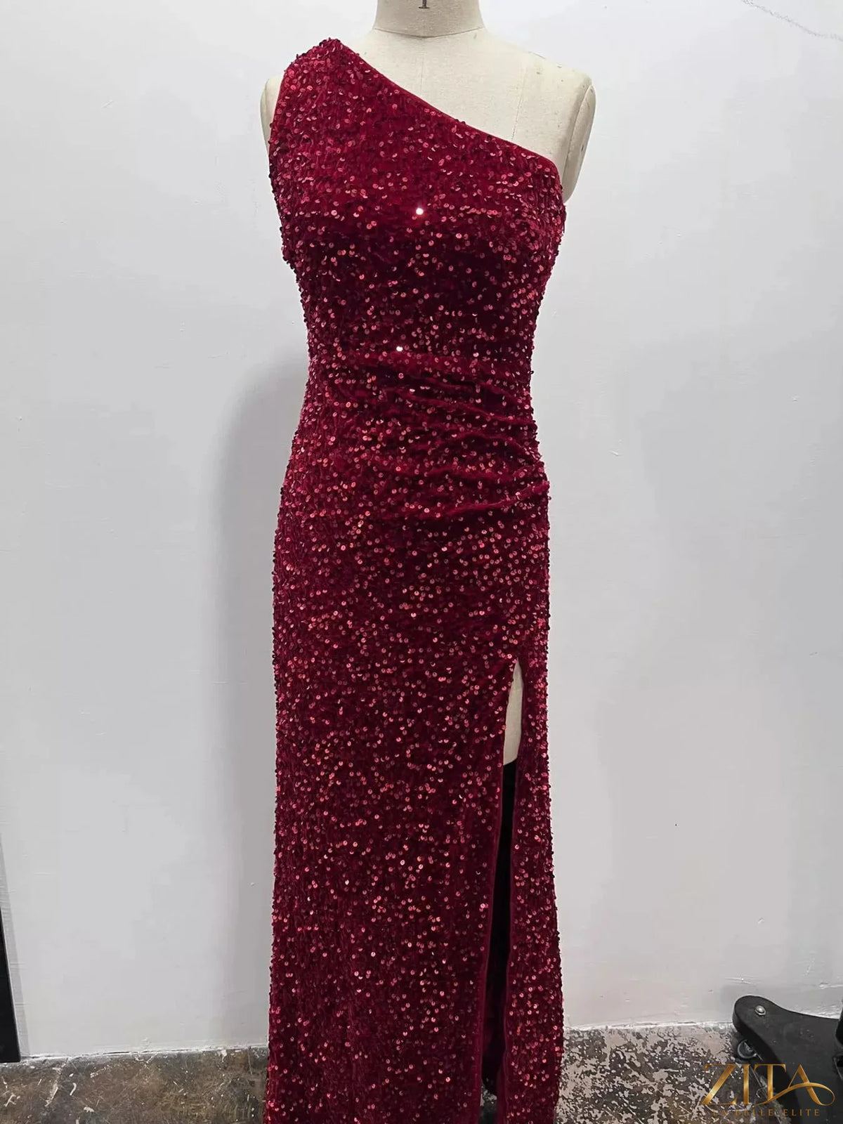 Zita La Belle Elite one-shoulder ruched sequin evening dress with high slit, elegant and glamorous for formal events.
