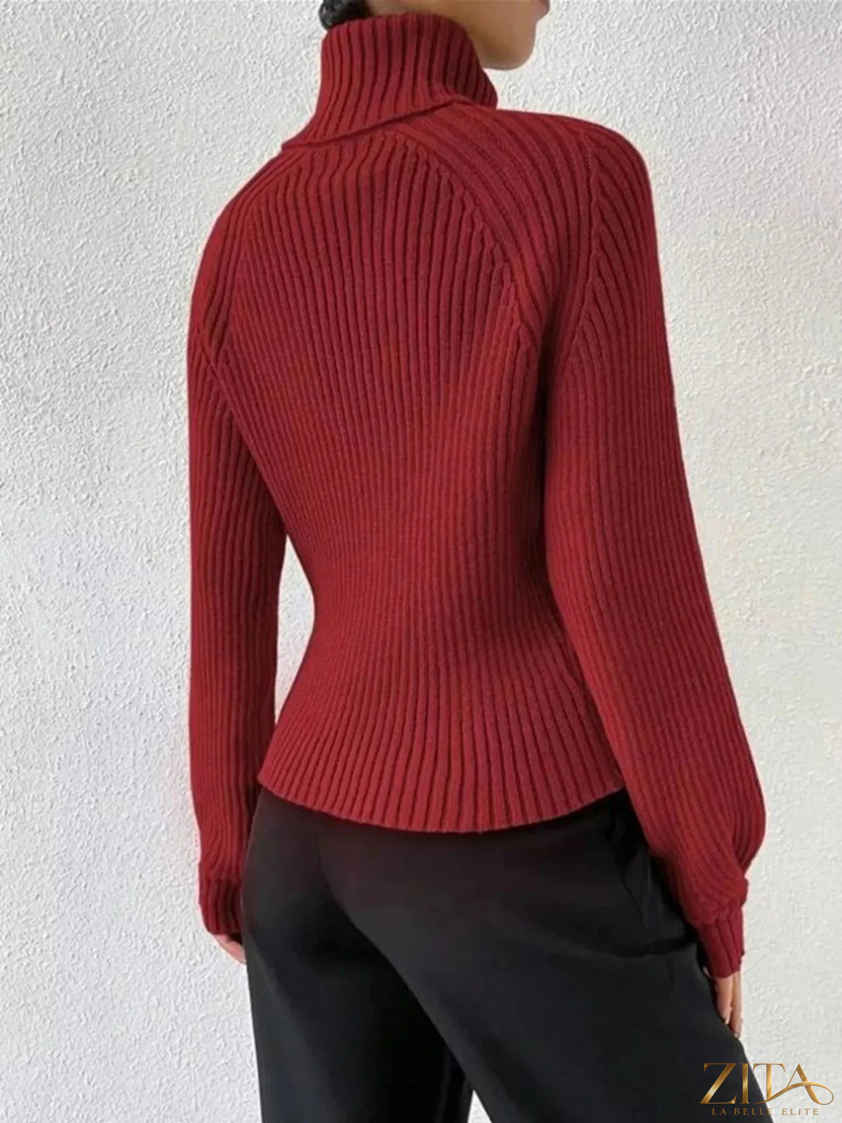 Zita La Belle Elite ribbed knit turtleneck sweater in cozy, fitted design with vertical ribbing for a stylish winter look.