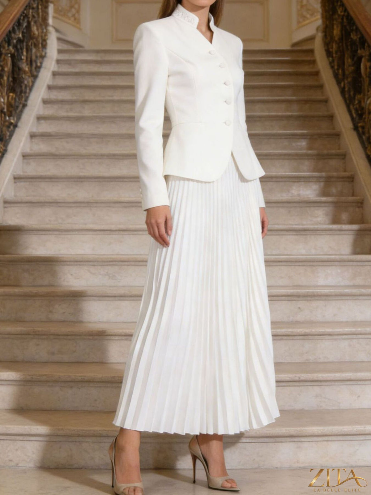Trendsi button-up long sleeve top paired with a stylish pleated skirt, showcasing a chic, coordinated outfit set.