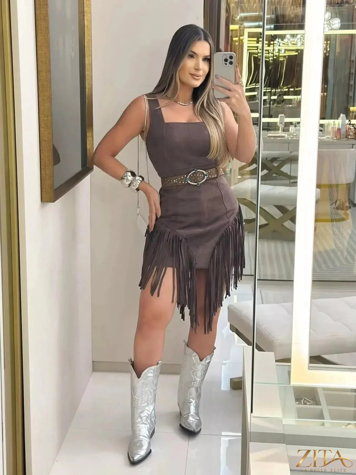Zita La Belle Elite sleeveless fringed mini dress with flowing fringe details and fitted silhouette, perfect for summer occasions.