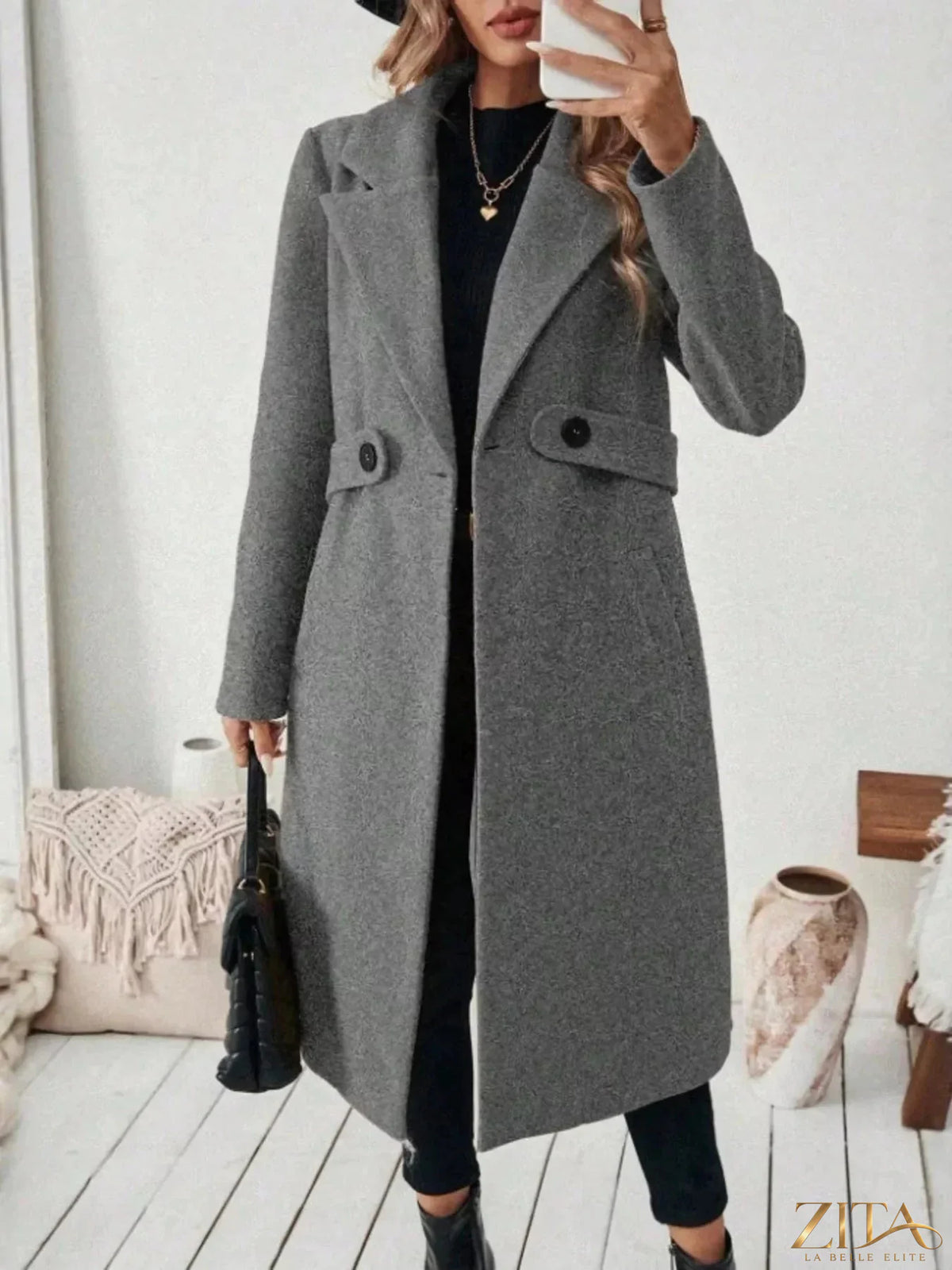 Plus size Zita La Belle Elite full-size coat with elegant lapel collar, belt, and pockets, featuring a stylish and sophisticated design.