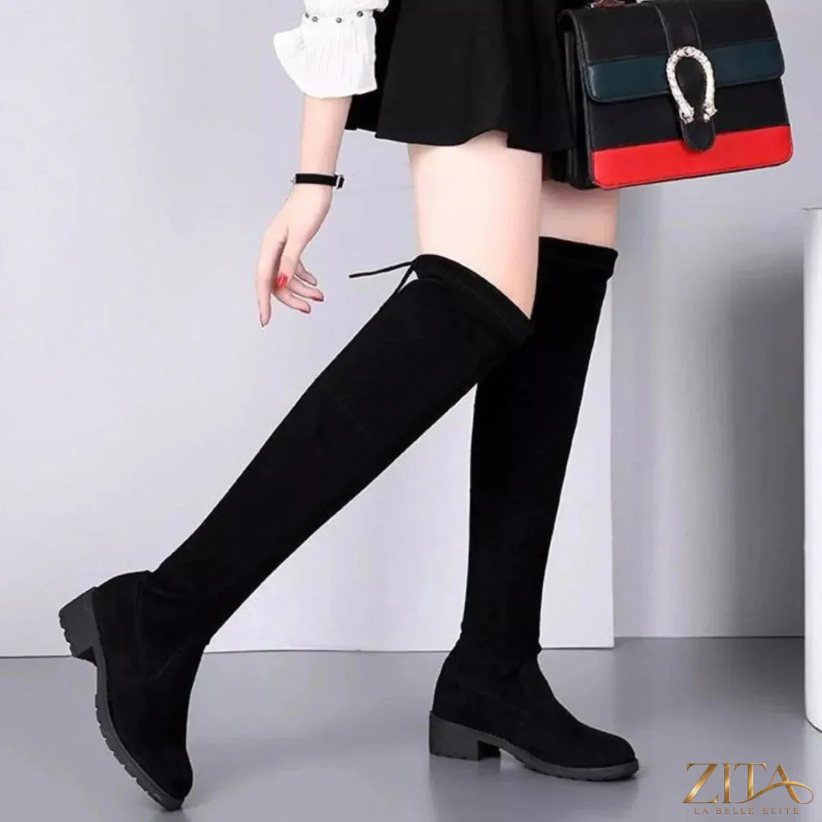Zita La Belle Elite over-the-knee block heel boots in black leather, featuring tall shaft and chunky heels.