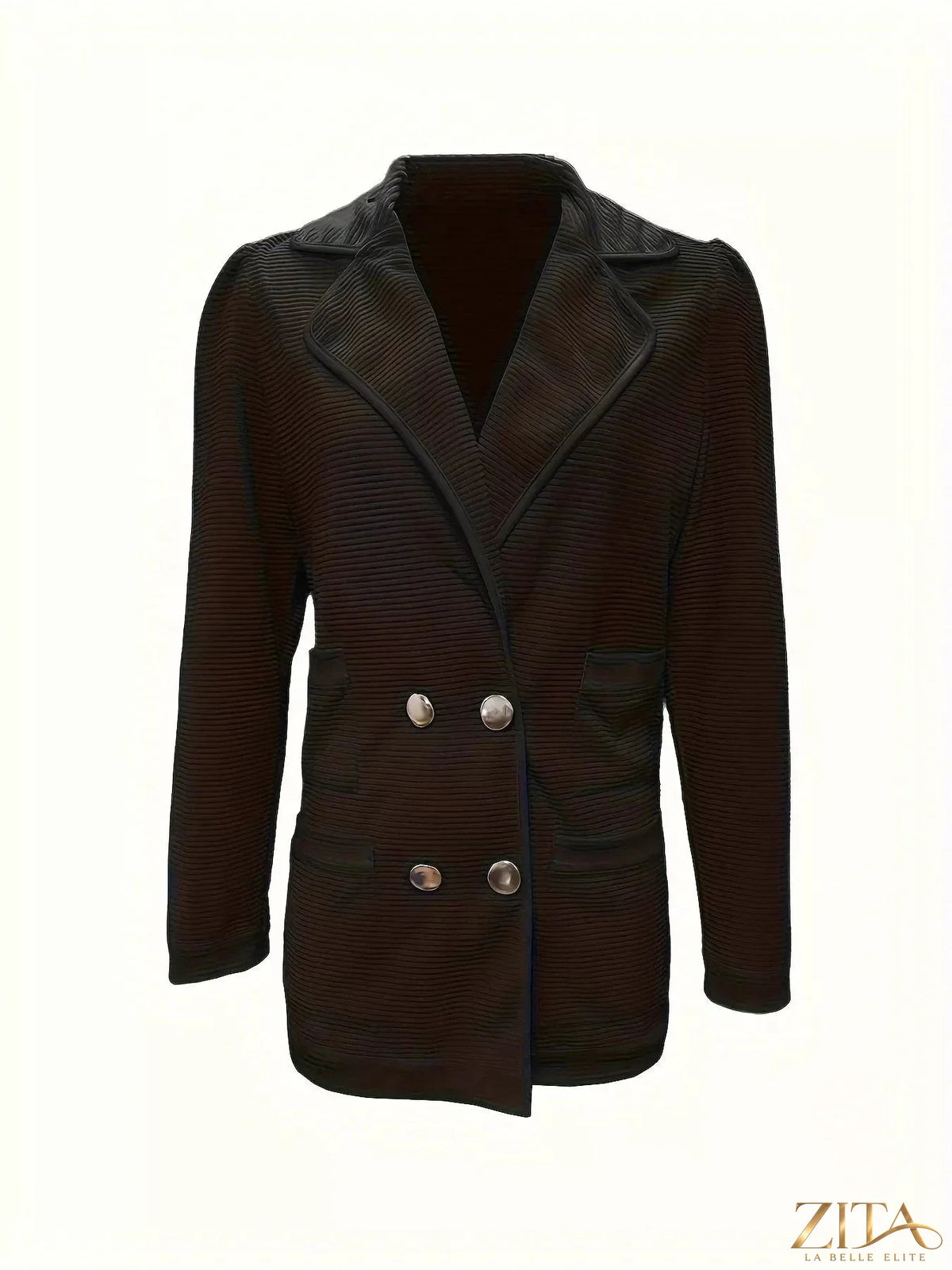 Zita La Belle Elite texture knit double-breasted blazer with lapels and button closure, shown on a model.