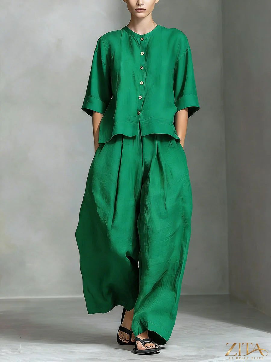 Zita La Belle Elite three-quarter sleeve shirt and loose trousers two-piece set, stylish and comfortable for casual wear.