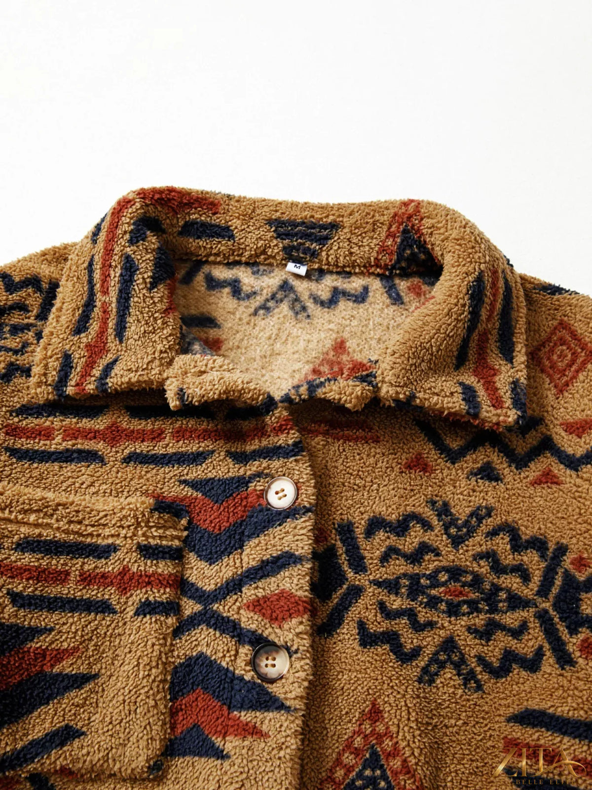 Zita La Belle Elite Western Aztec pattern fleece button-up shacket with earthy tones and intricate geometric designs.