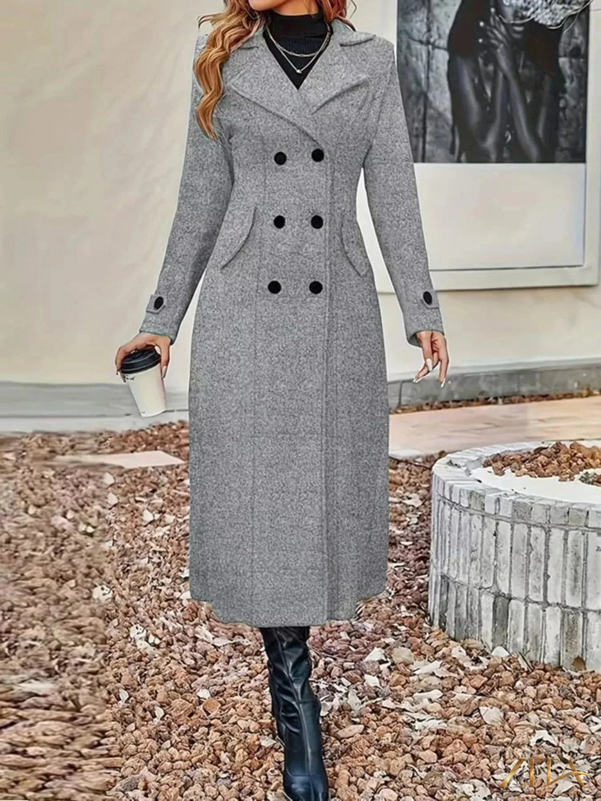 Plus size Zita La Belle Elite longline double-breasted trench coat hanging on a hanger, showing its classic style and tailored fit.