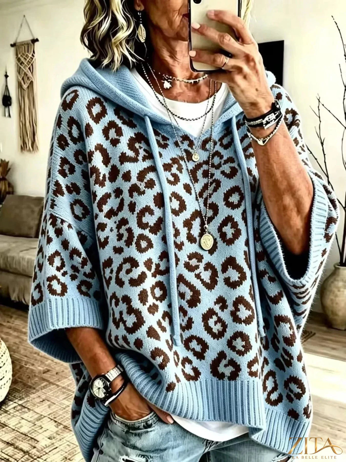 Zita La Belle Elite leopard print hooded sweater with drawstring, cozy and stylish for casual wear.