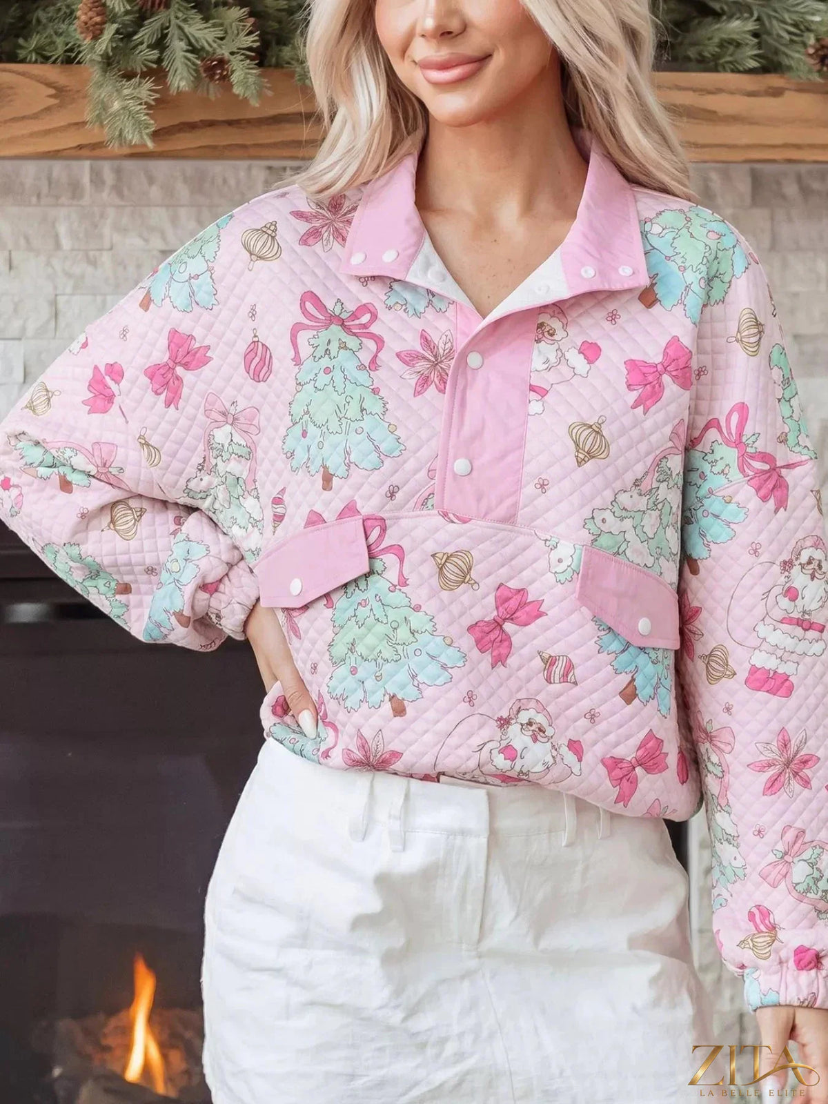 Zita La Belle Elite Christmas print collar half-button loose sweatshirt with festive holiday design and cozy fit.